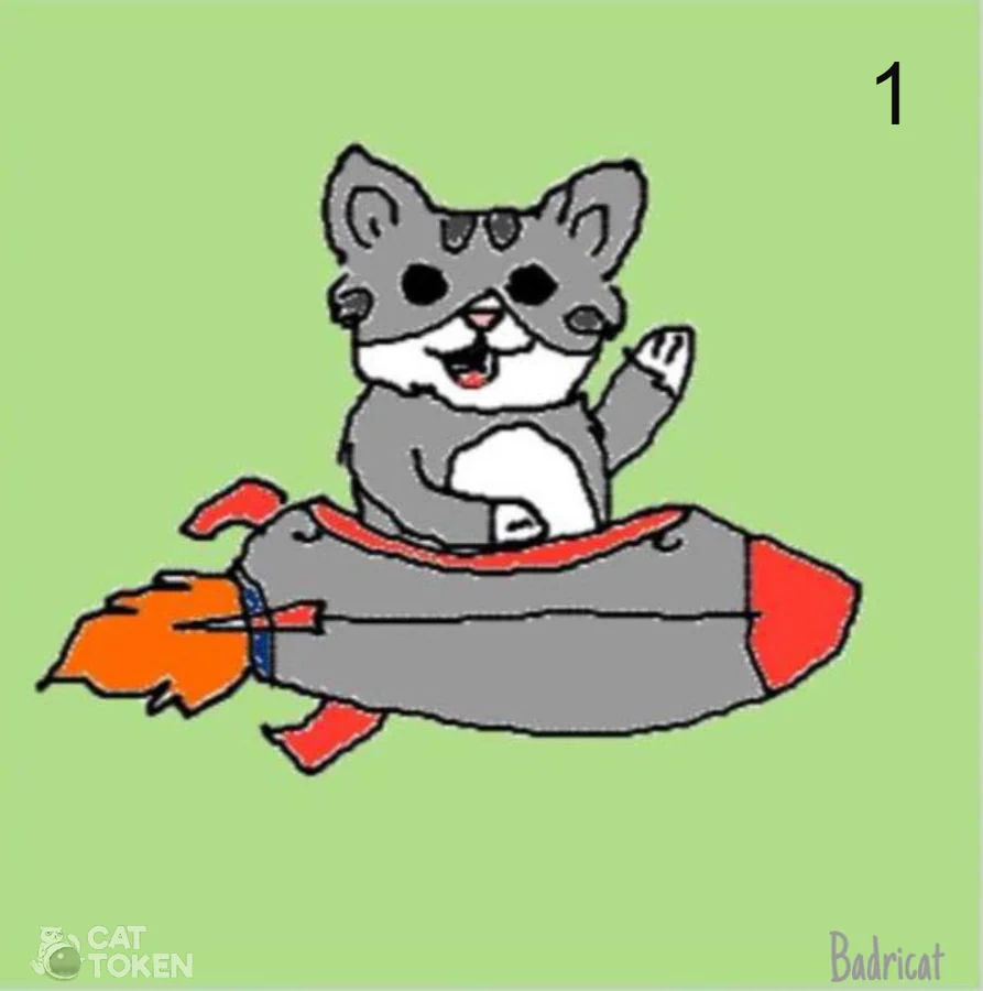 Hand drawn gray and white cat waving while riding a red and gray rocket on a green background
