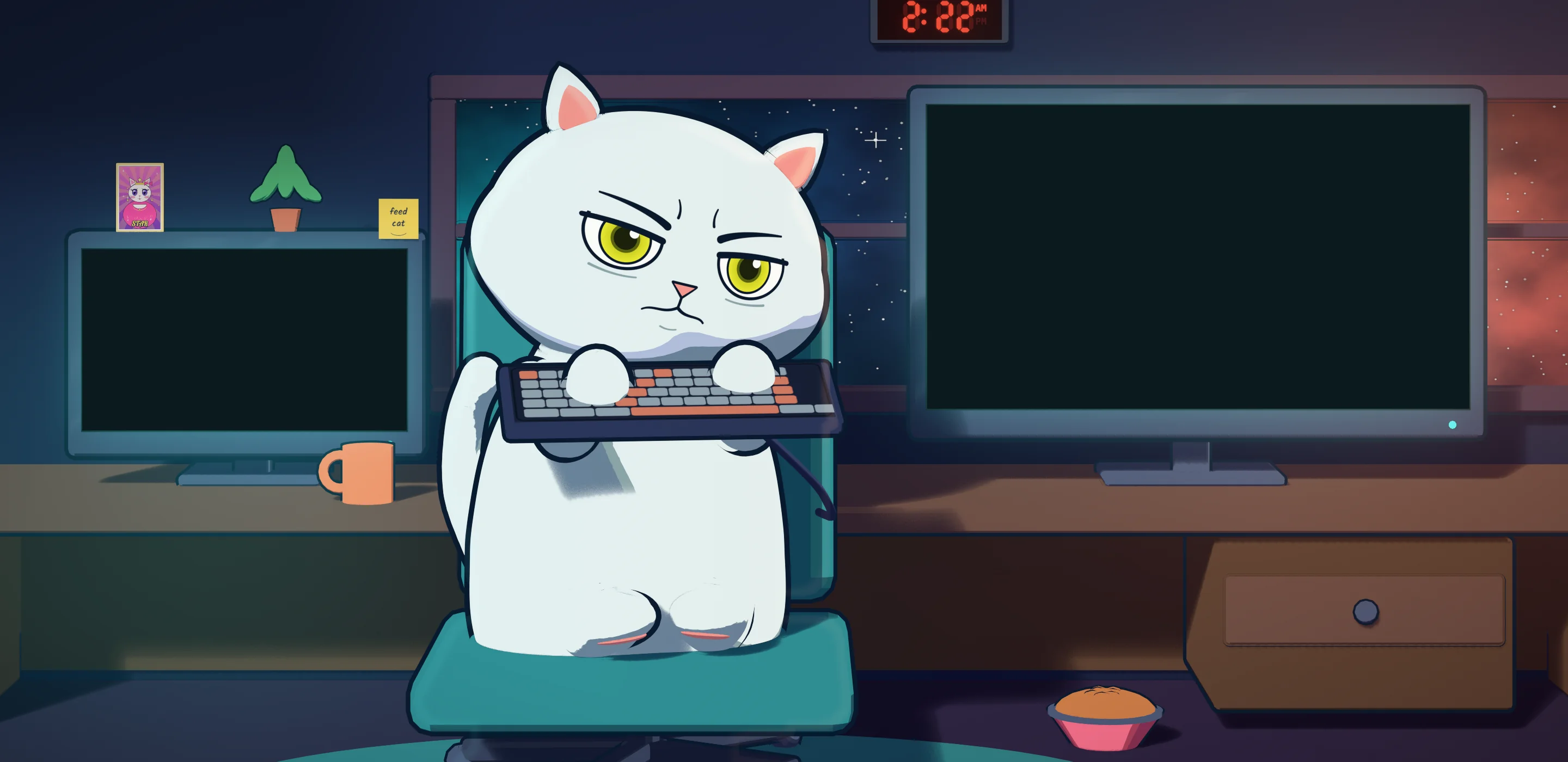 Mooncat at a desk with two monitors